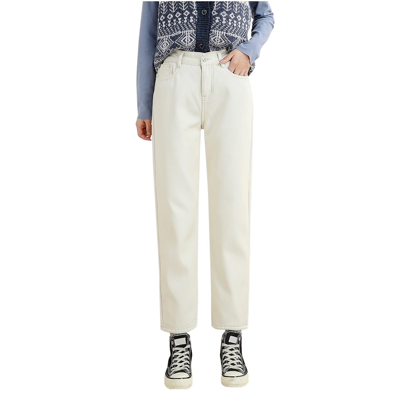 Women's Winter Fleece Lined Jeans Warm Baggy Jeans High Waist Jean