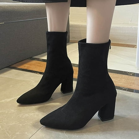 

TALKVE Fashion Autumn Winter Women Ankle Boots Mid Heel Suede Warm Pointed Zipper Comfortable