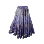 Mogul Womens Purple Maxi Skirt Tiered Printed Poly Silk Summer Long Skirts