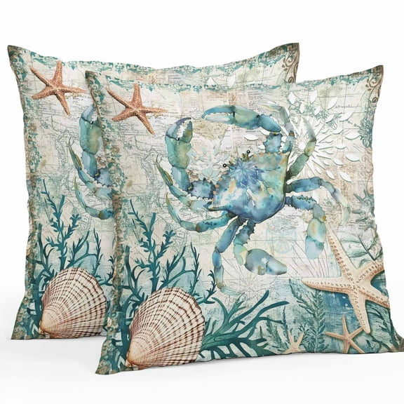 Outdoor Waterproof Pillow Covers Pack of 2, Retro Crab Ocean Nautical Coral Vintage Background Decorative Throw Pillowcases Cushion Covers for Garden Patio Tent Sofa Couch, 16x16 inch