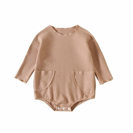 

Odeerbi Baby Bodysuit Layette Onesies for Toddler Autumn Spring Girls Boys Waffle Pocket Romper Long Sleeve Button Sweatshirt Jumpsuits Brown