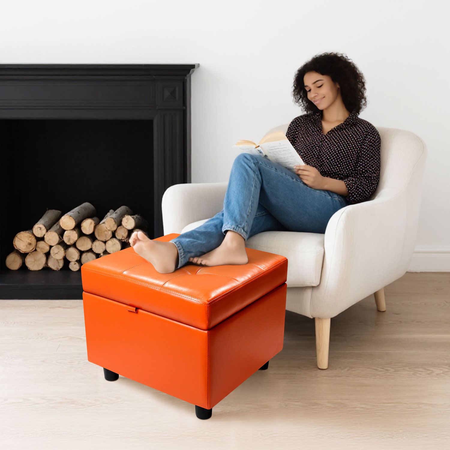 H&B Luxuries Tufted Leather Square Flip Top Storage Ottoman Cube Foot Rest (Orange with Storage)