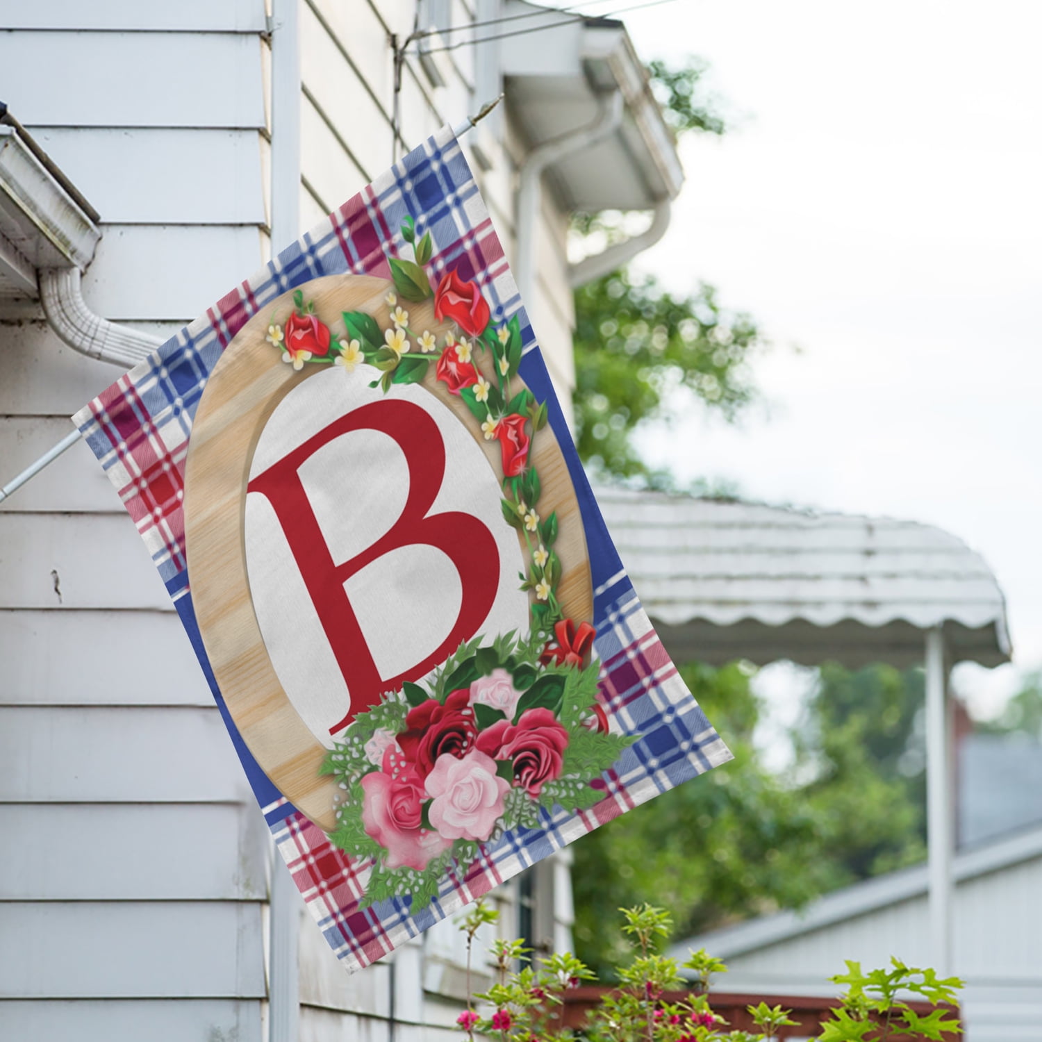 America Forever Monogram B House Flag, 28 x 40 inch Double Sided, Letter B with Roses, Floral Initial Flag, Plaid Background, Personalized Yard Decor