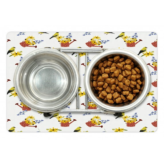 Floral Pet Mat for Food and Water, Spring Time Garden Scene of Polka Dotted Watering Cans with Flowers and Birds, Non-Slip Rubber Mat for Dogs and Cats, 18" X 12", by Ambesonne