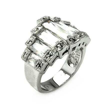 - Rhodium Plated Brass Clear 7 Row Baguette Cubic Zirconia Ring