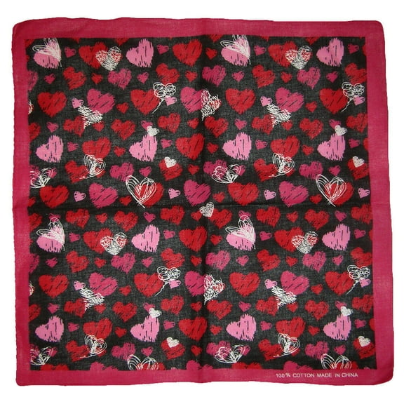 22"x22" Multiple Pink Red White Hearts Black 100% Cotton Bandana