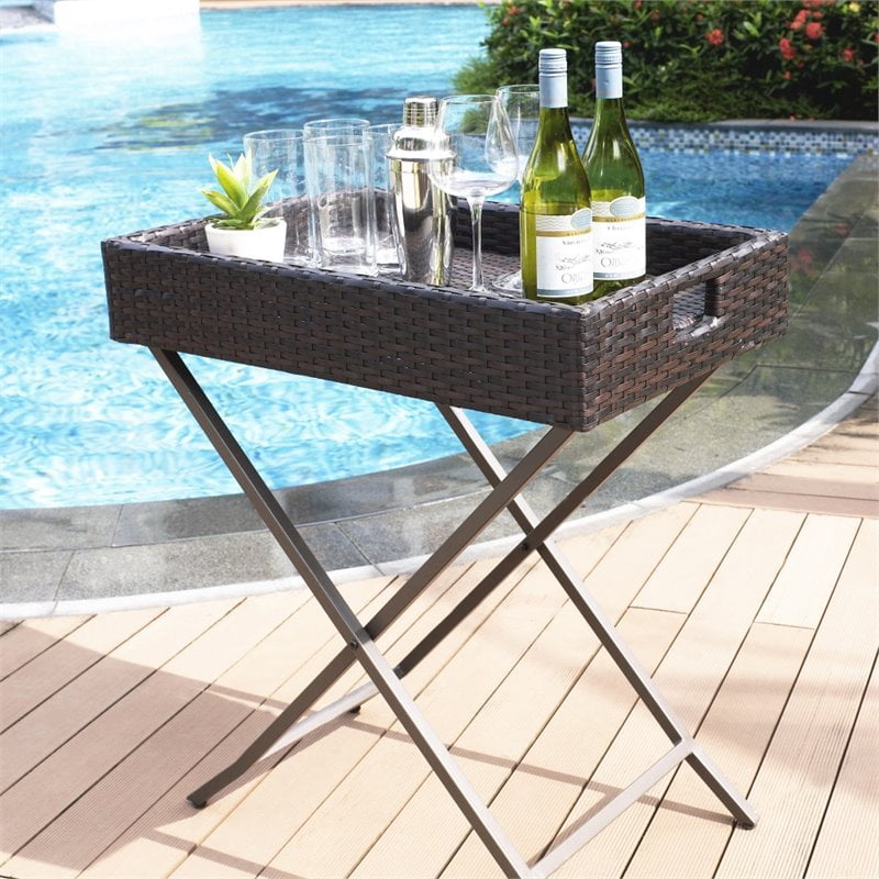 Crosley Palm Harbor Wicker Patio Butler Tray Side Table in Brown
