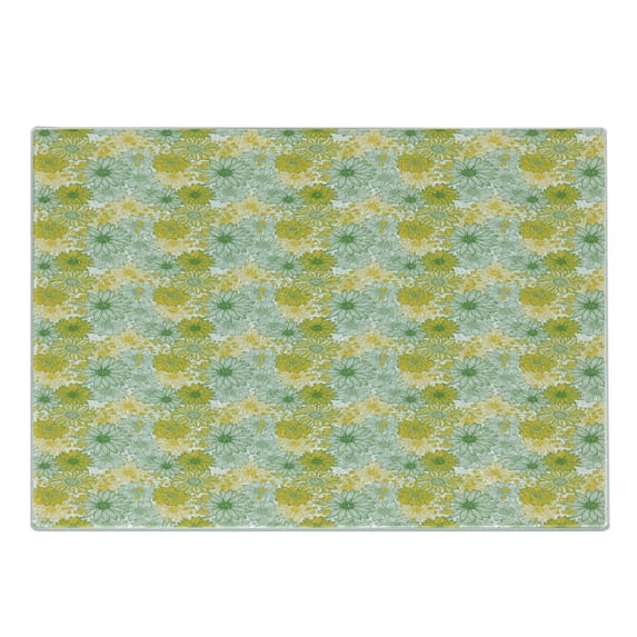 Sunflower Cutting Board, Energetic Botany Floral Spring Blossom Flower Drawing Pattern, Decorative Tempered Glass Cutting and Serving Board, in 3 Sizes, by Ambesonne