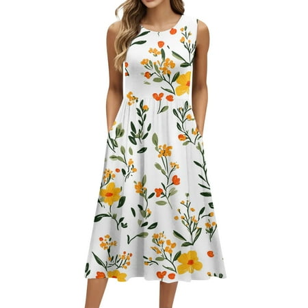 Biziza Casual Dresses for Women Causal Sleeveless Orange 2025 Long Floral Vintage Elegant Dresses Lightweight Cotton Stretch Polyester Round Neck Corset Dress with Pockets