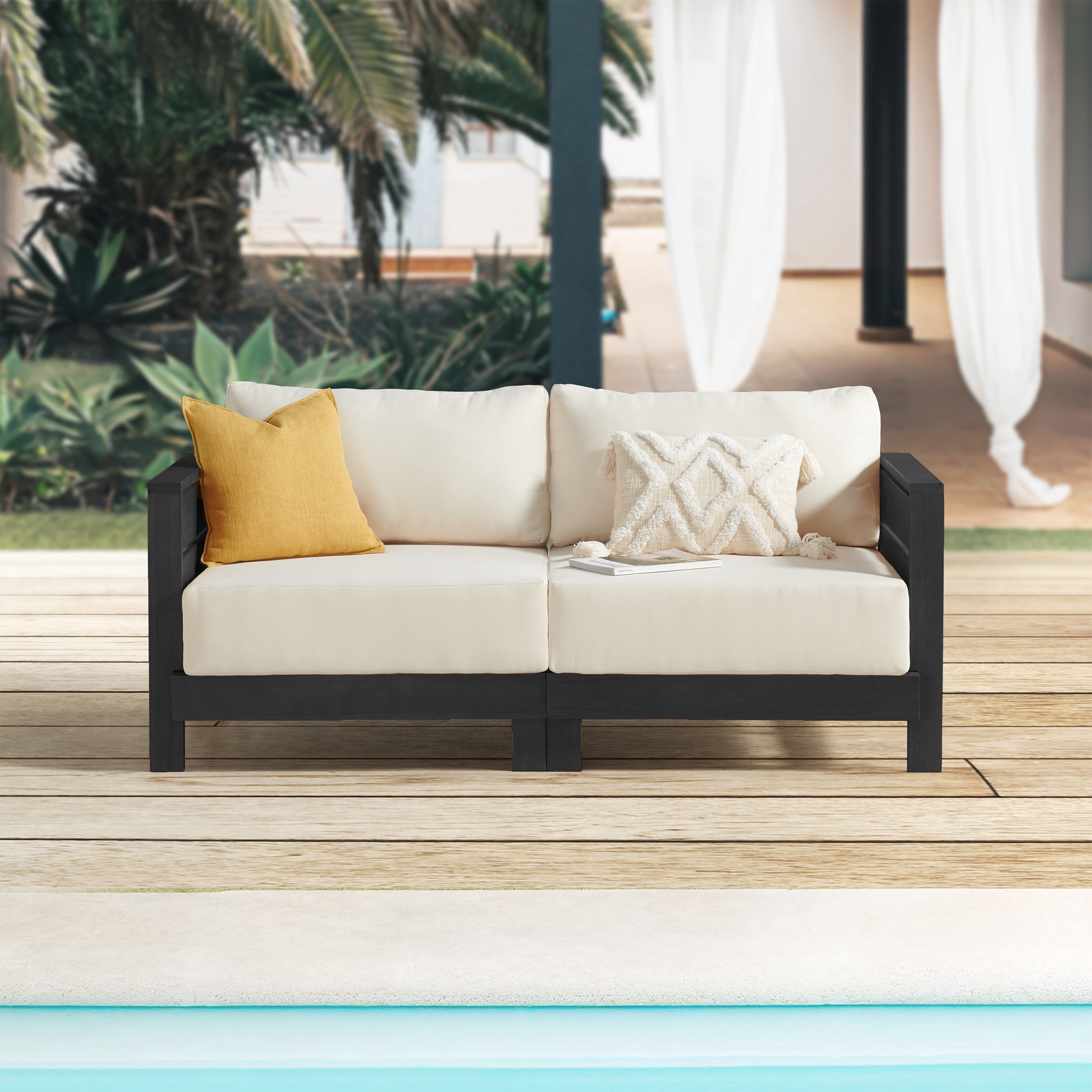 Alaterre Furniture Barton Outdoor Patio Loveseat - Eucalyptus Wood Loveseat (Black)