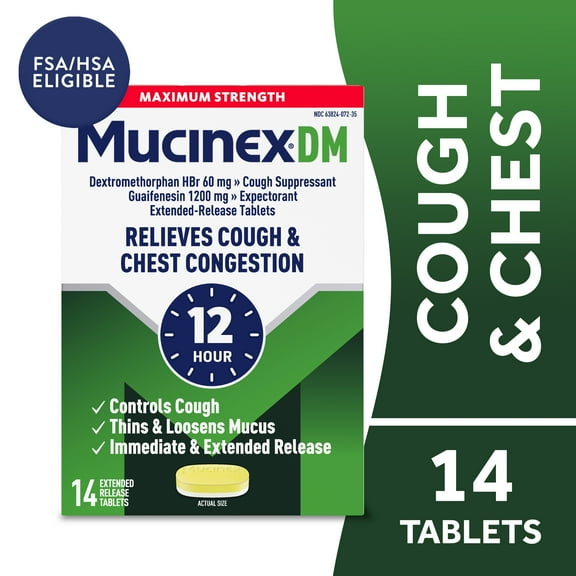 Mucinex DM 12 Hour Max Strength Expectorant & Cough Medicine, Excess Mucus Relief, FSA, 14 Tablets