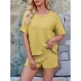 thumbnail image 5 of Women Loose Round Neck Casual Short Sleeve Shorts Knitted Suit Summer 2 Piece Soft Lounge Sets and Shorts Set Yellow S, 5 of 8