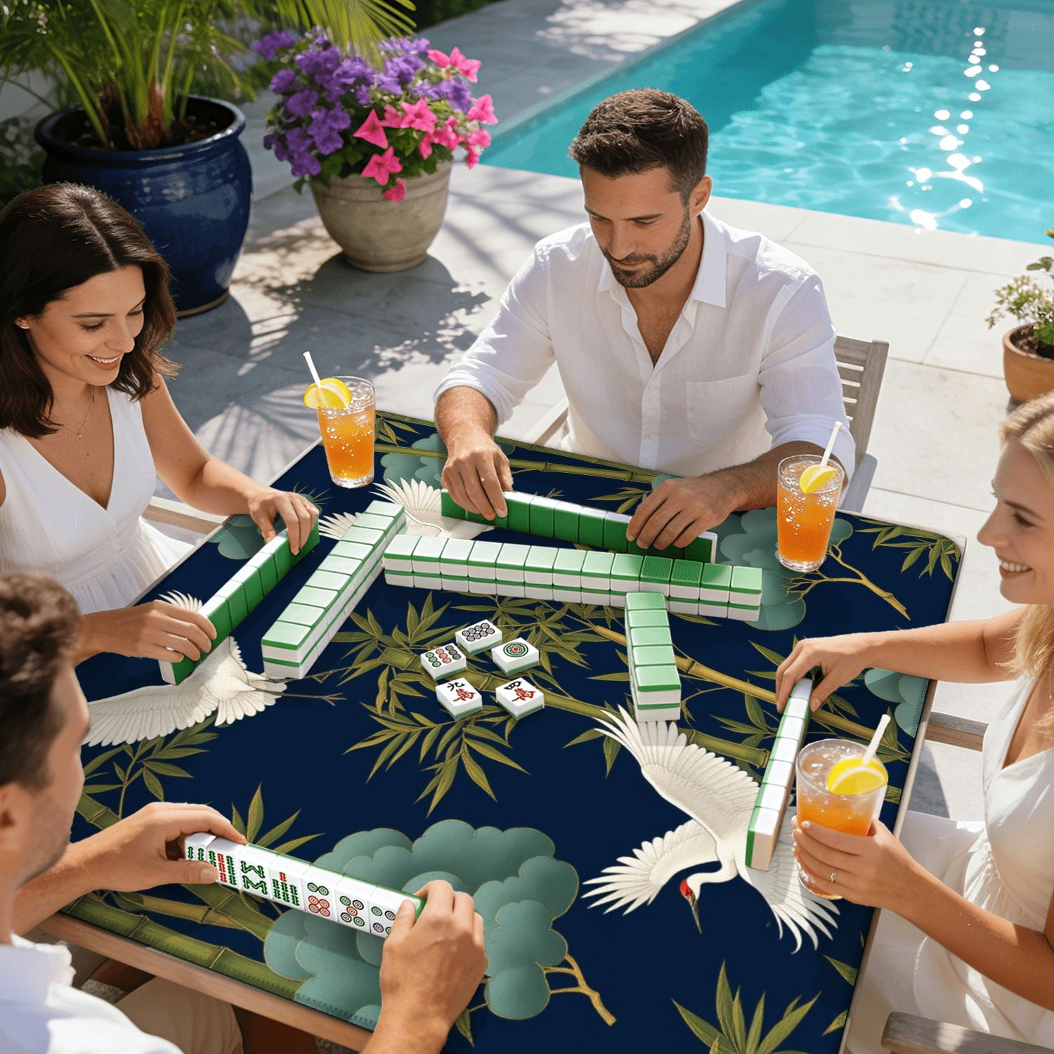 Mahjong Mat 31.5" x 31.5" Elegant White Cranes Among Green Bamboo Stylized Trees Dark Blue Non-Slip Noise Reduction American Mahjong Tiles Table Cover for Dominoes Poker Card Board Games Gift