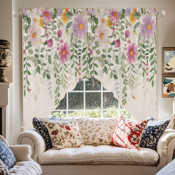 Pink Yellow Daisy Swag Curtain Valance for Windows, Floral Wildflowers Window Treatments Short Swag Topper for Kitchen Windows Bathroom Bedroom, 36"x36"