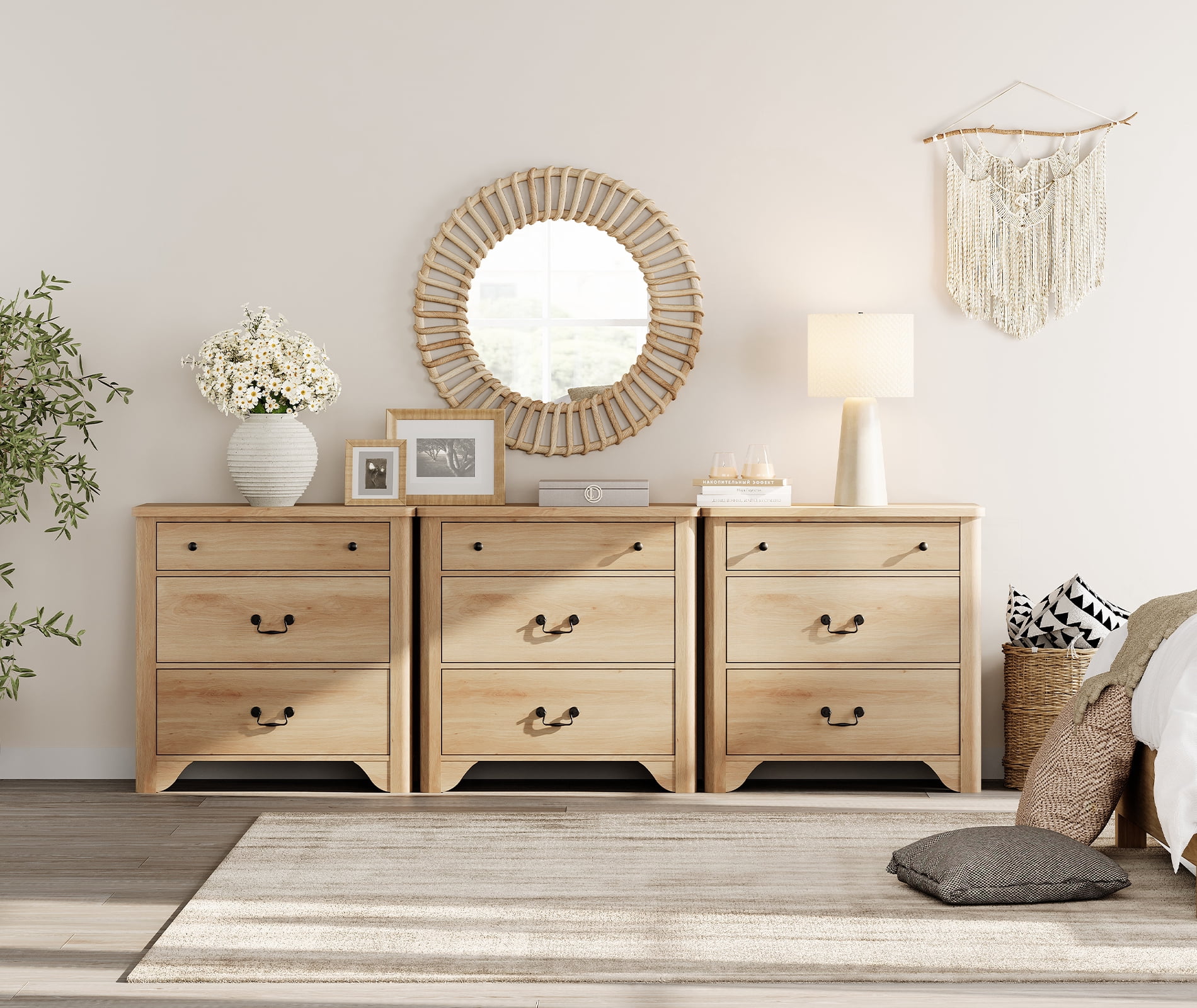 WAMPAT 3 Drawer Dresser Set of 3 for Bedroom,Oak Dresser Closet Dressers Chest of Drawers for Living Room, Entryway and Hallway