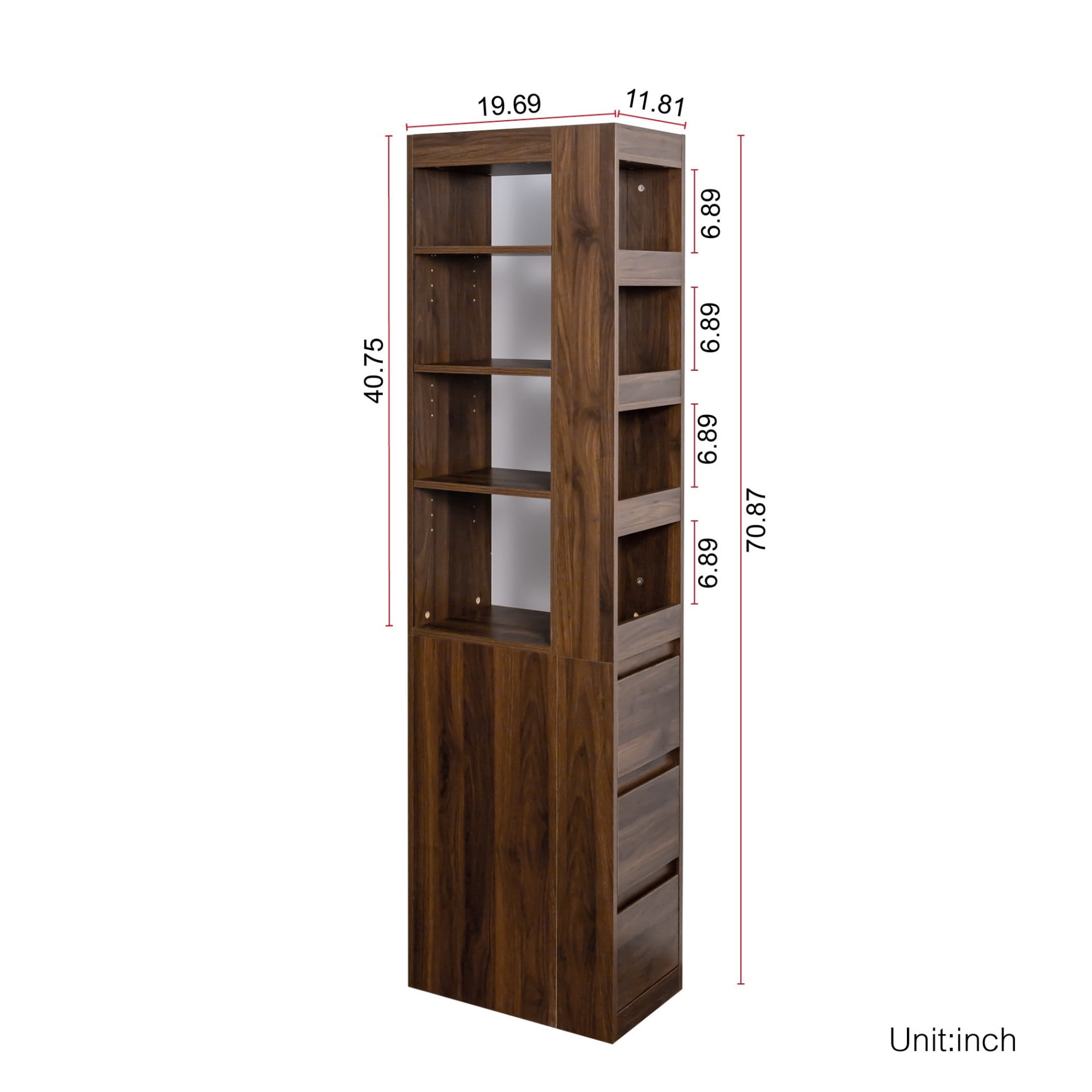 70.8" Tall Bookcase with Side Drawers and Display Shelves, 4 Tier Storage Cabinet with 3 Drawers & Small Display Cubes, Modern Wooden Bookshelf Organizer for Living Room, Home Office, Walnut