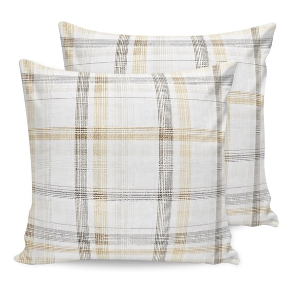 Pillow Covers 16x16 Set of 2, Yellow Brown Check Throw Pillow Covers Decorative Couch Cushion Cover, Farmhouse Line Buffalo Plaid Microfiber Soft Square Pillowcases for Bedroom Living Room Sofa