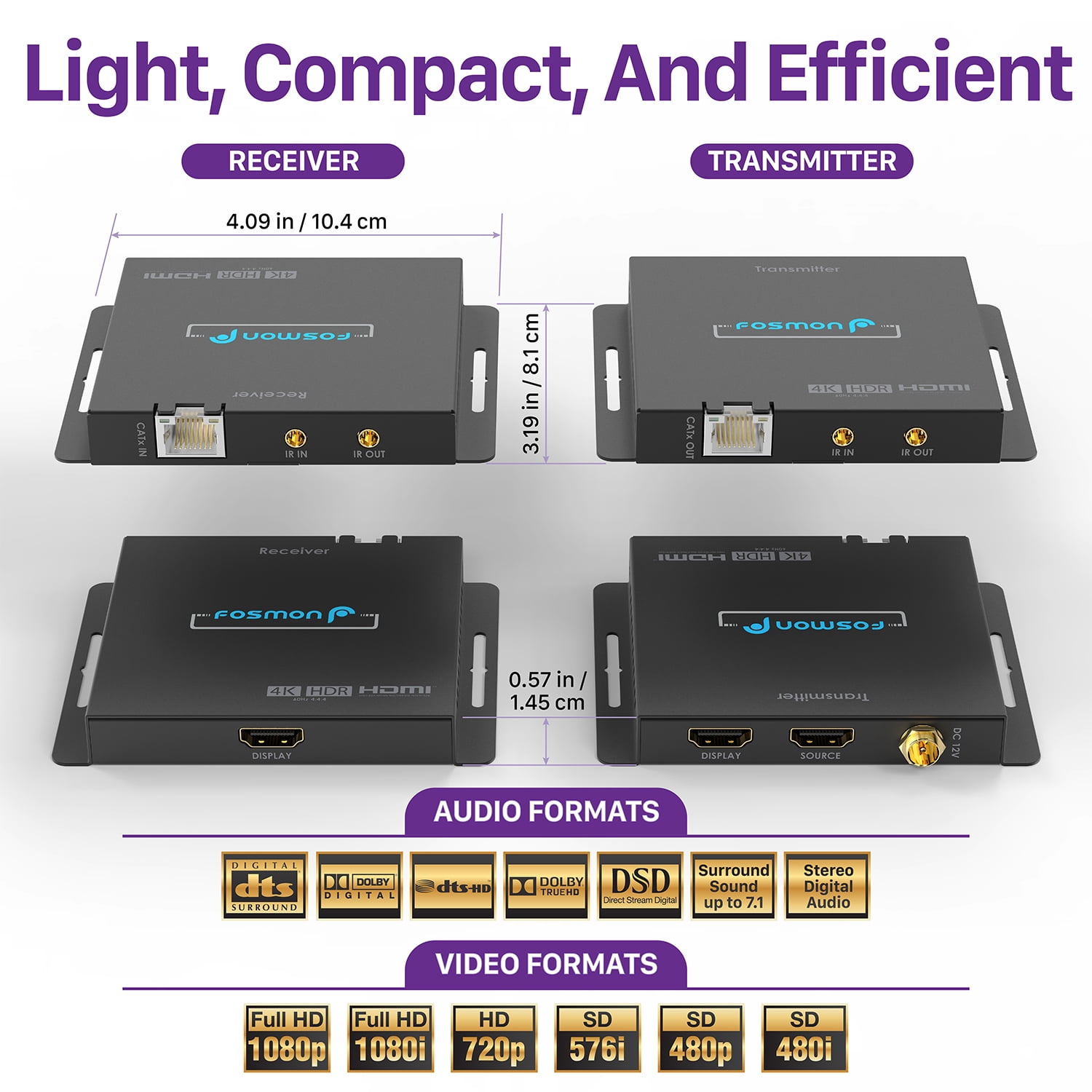 Fosmon HDMI Splitter 4K@60Hz 1 In 2 Out HDMI Extender (230ft -70M) Over Single Cat6a/7 Cable with AC Adapter - Black