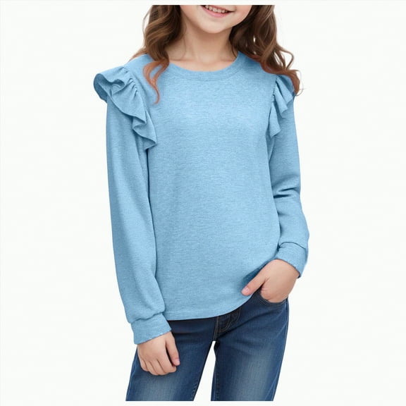 Linfrsh Toddler Girl Long Sleeve Shirt Girls Long Sleeve Shirts Kids Crewneck Soft Tunic Tops Basic Casual T-Shirts Light Blue,9-10 Years