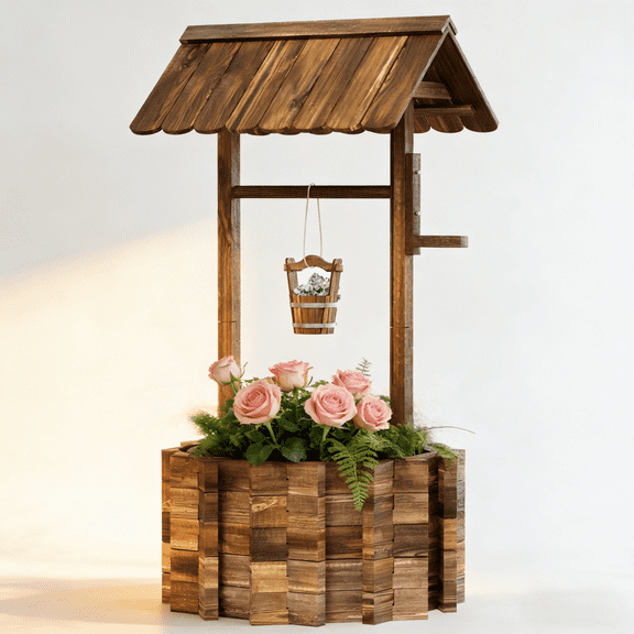 BaPiPro 25" Big Wishing Well Planter, Wooden Garden Flower Planter with Hanging Bucket, Patio Garden Backyard Home Decor, Rustic Brown