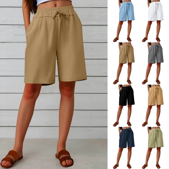 POROPL Shorts for Women Linen Summer Elastic Waist Casual Shorts with Pockets Button Short