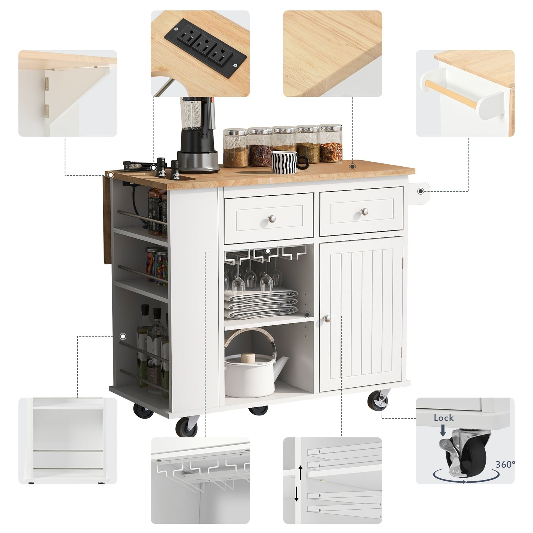 Alvantor Kitchen Island Carts with Power Outlet, Mobile Buffet Cabinet with Drop Leaf,Open Storage and Wine Rack for Dining Room Living Room White