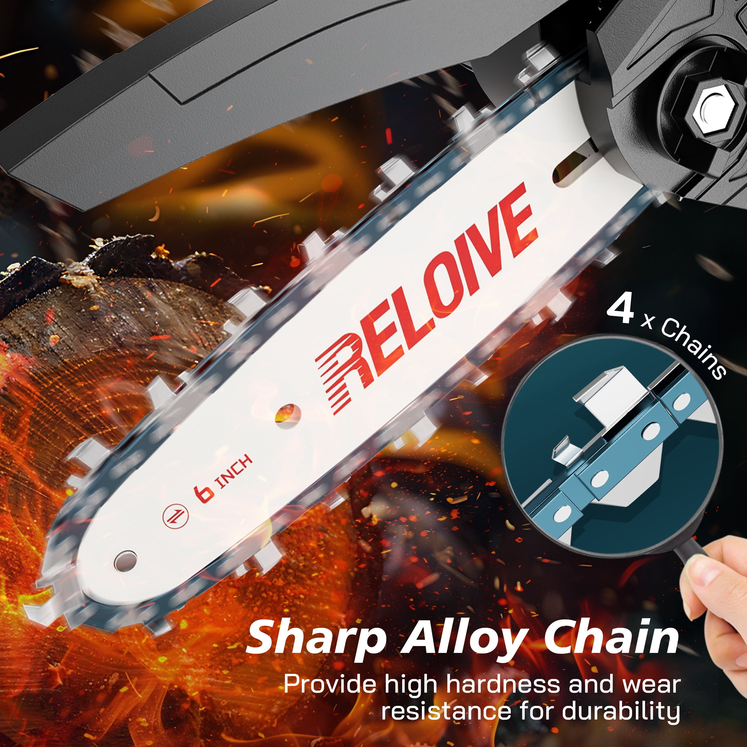 RELOIVE 6 in Mini Chainsaw with 2PCS 2.0 Ah Batteries 4 Chains,Cordless Small Handheld Chain Saw for Wood Cutting Tree Trimming