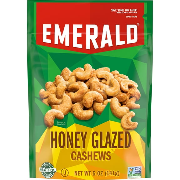 Emerald Nuts, Honey Glazed Cashews, 5 oz, Resealable Bag (Pack of 12)