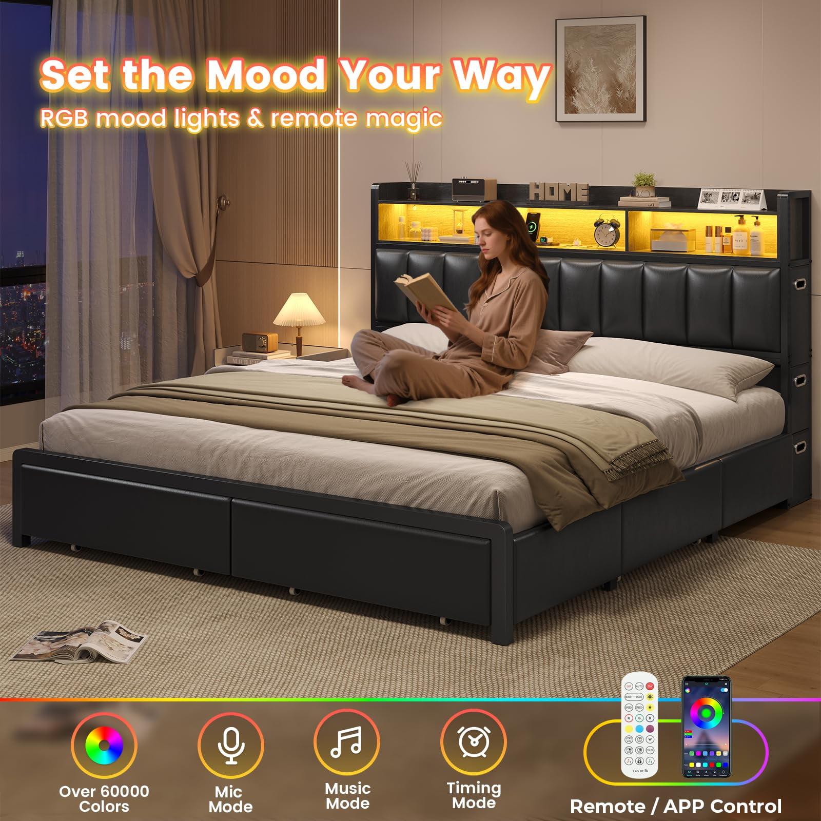 Toogaho King Size Bed Frame with 9 Drawers,Storage Bookcase Headboard, Upholstered Platform Bed King with LED Light and Charging Station,Metal Slats, No Box Spring Needed,Black PU