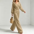 thumbnail image 4 of LEKWK 2 Piece Sets for Women Elegant V Neck Long Sleeve Wrap Top and Wide Leg Pants Casual Matching Sets Vacation Casual Loungewear, 4 of 5