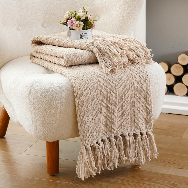 Battilo Cozy Solid Fringe Comfort Beige Knitted Throw