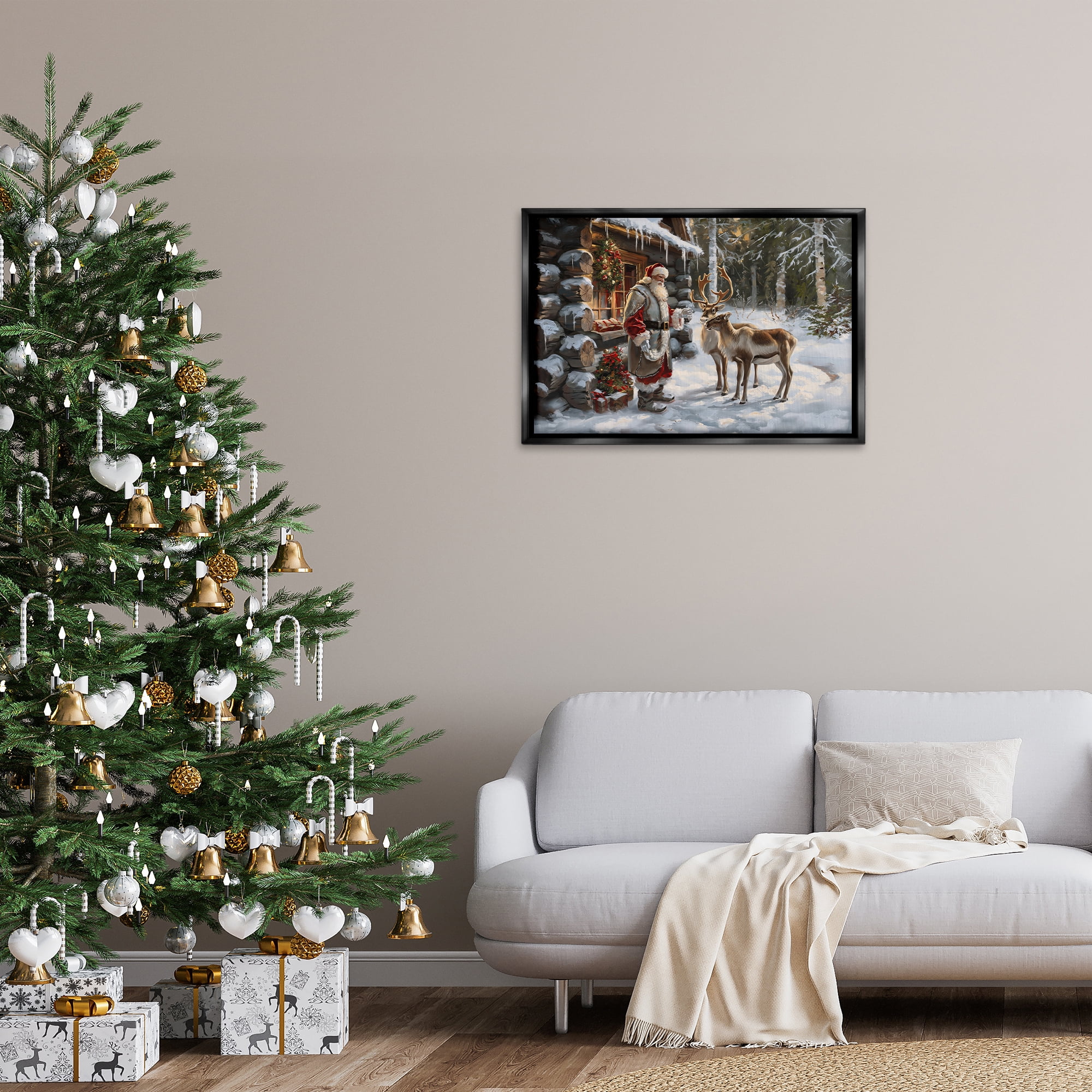 Stupell Industries Santa's Cabin with Reindeer Holiday Painting Black Floater Framed Canvas Art Prints Wall Art, 31 x 21