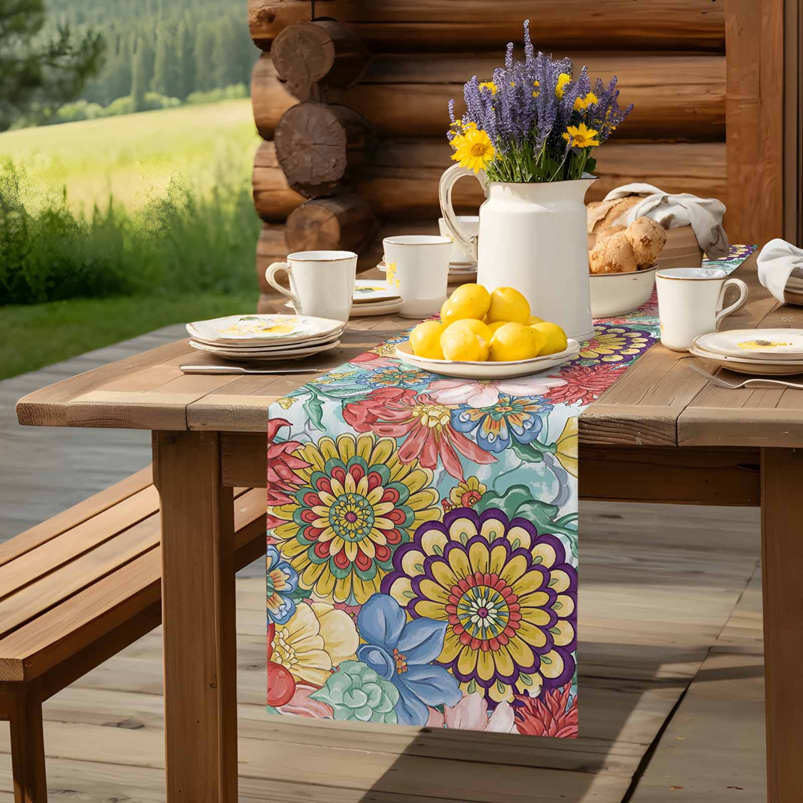 Retro Bohemian Flowers Table Runner 90 Inches Long, Country Floral Art Table Runners Tabletop Scarf Kitchen Dining Tables Decoration for Home Party Indoor Outdoor