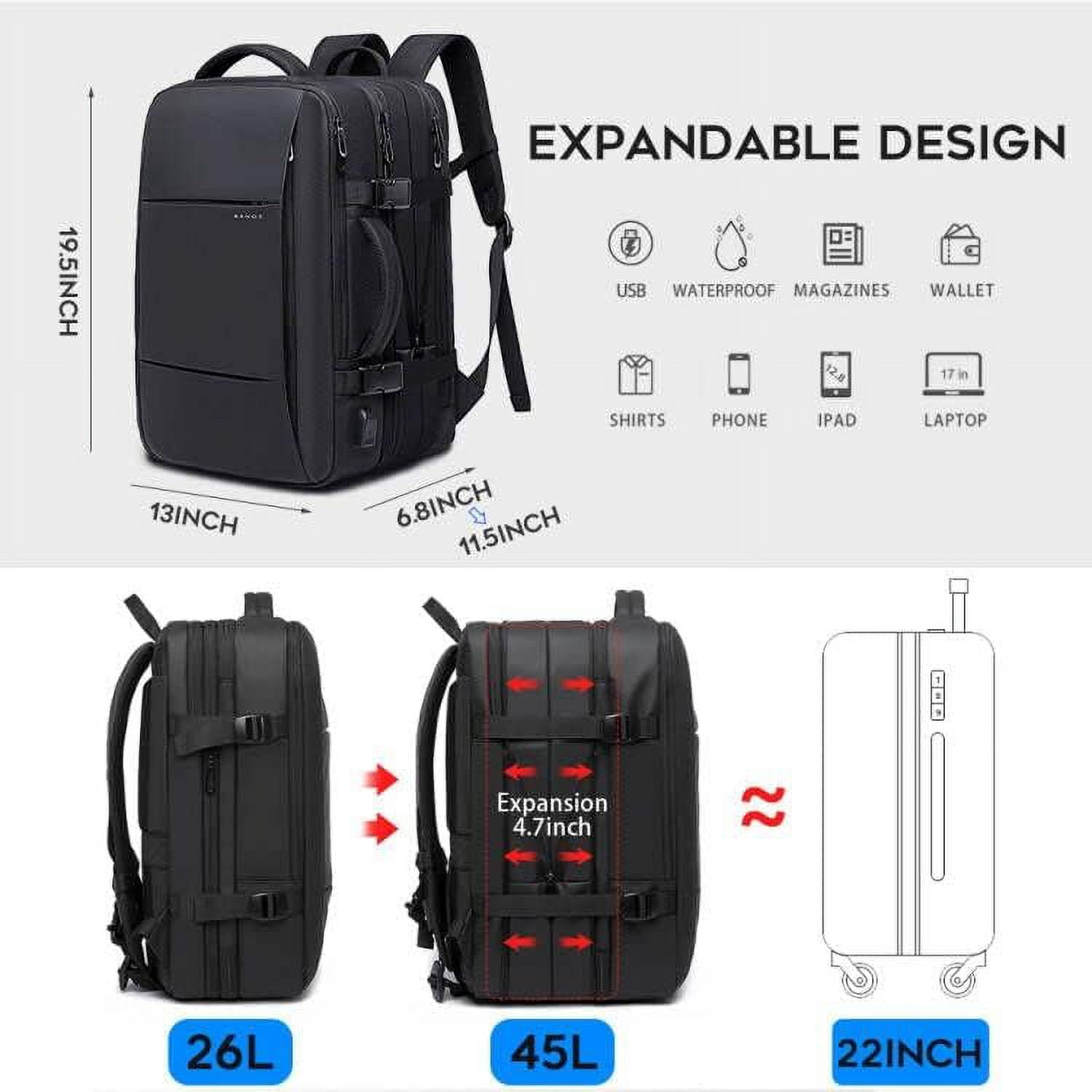 bange 35l travel backpack Business for Men - Black Extra Expandable Space BANGE 35L Travel Backpacks,Weekender Expandable