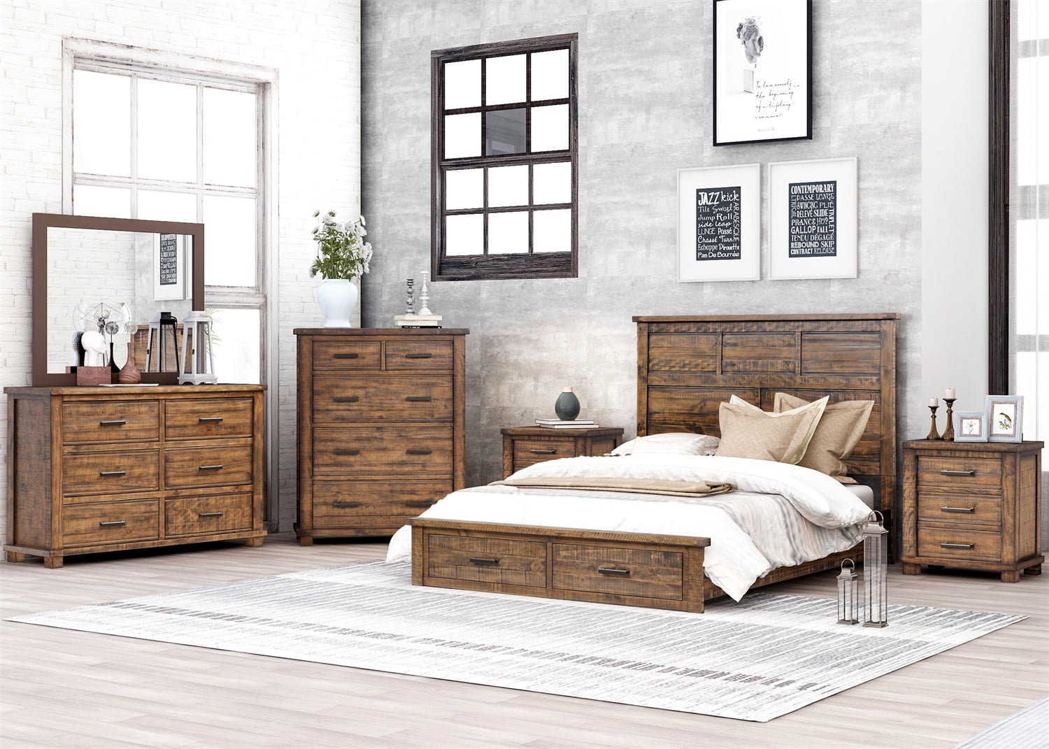 6 Piece Queen Size Bedroom Set, Rustic Bedroom Furniture Set with Queen