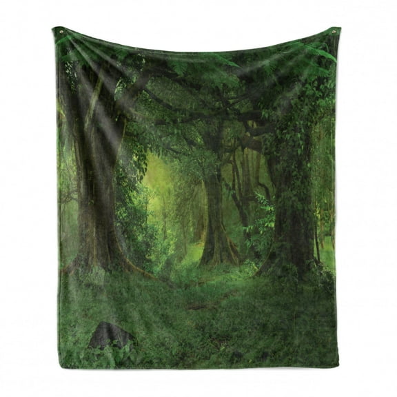 Nature Soft Flannel Fleece Throw Blanket, Deep Tropical Jungle Trees Foliage in the Woodland Himalayas Landscape, Cozy Plush for Indoor and Outdoor Use, 70" x 90", Green, by Ambesonne
