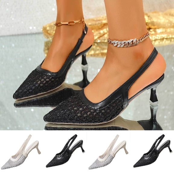 Miluxas Womens Lace Mesh Slingback Heels Closed Pointed Toe Wedding Pumps Kitten Heel Bridal Dress Shoes Black 9(42)