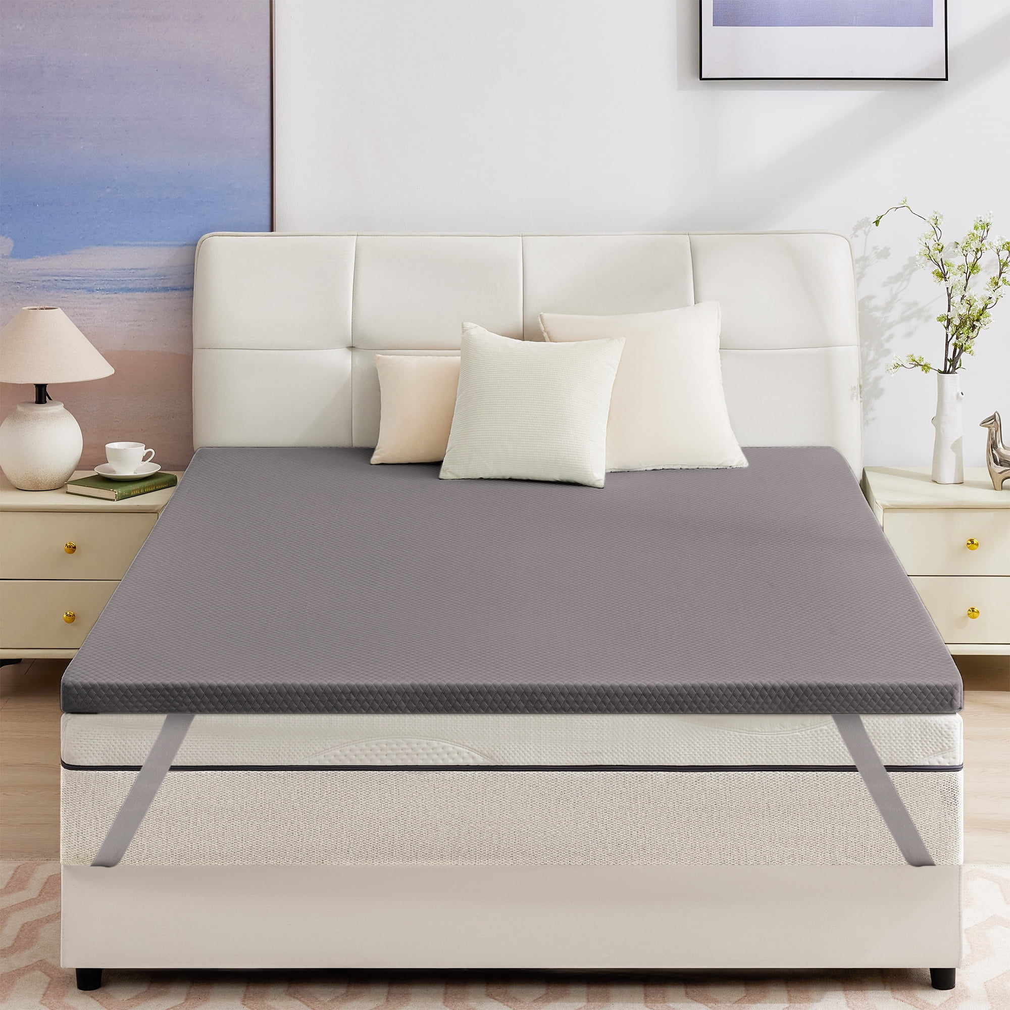 BDEUS 2 Inch Gel Memory Foam Mattress Topper, Cool Gel Infused Foam Bed Topper, Pressure Relief, Removable Soft Cover, Queen Size,Gray