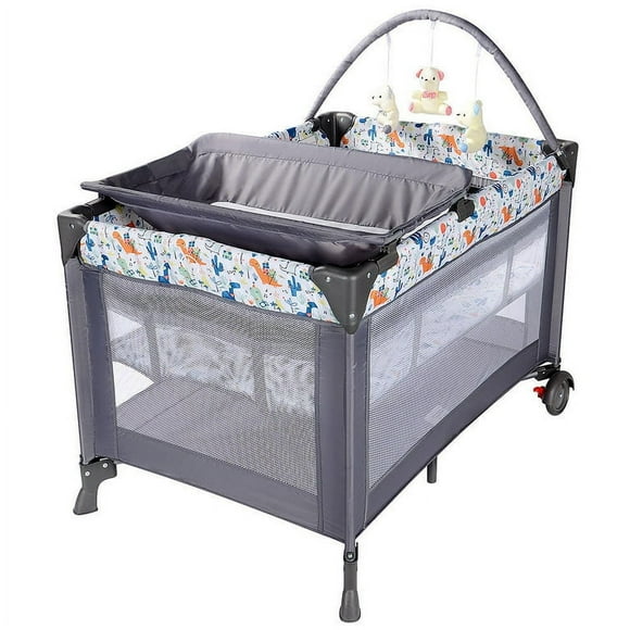 Foldable Baby Playard, Nursery Center Travel Crib Diaper Changing Table, Grey