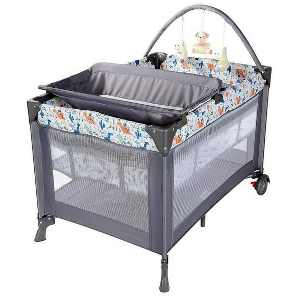 Foldable Baby Playard, Nursery Center Travel Crib Diaper Changing Table, Grey