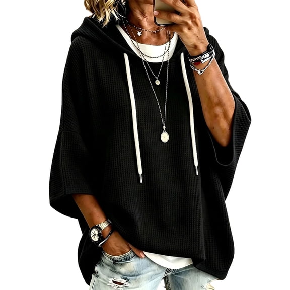 Womens Waffle Sweatshirt 3/4 Sleeve Oversized Hoodies For Women Casual Loose Fit Drawstring Hooded Pullover Tops For Daily Wear
