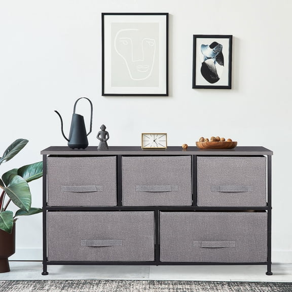 WDZS 5 Drawer Dresser for Bedroom Fabric Chest of Drawers for Closet Wide Clothes Storage Organizer with Heavy Duty Steel Frame and Wood Top, Gray