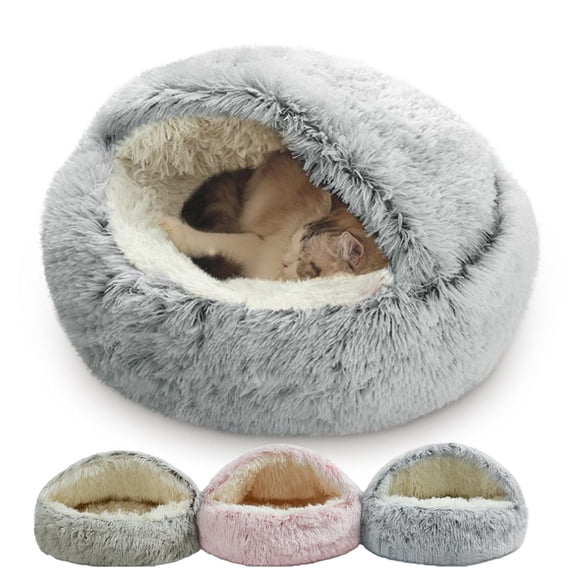 20in Fluffy Round Cave Calming Cat Bed for Indoor Kittens Small Cats Up to 13lbs, Soft Long Plush Warm Winter Donut Sleeping Nest, Washable Anti-Anxiety Pet Cushion, Christmas Holiday Gift for Cats
