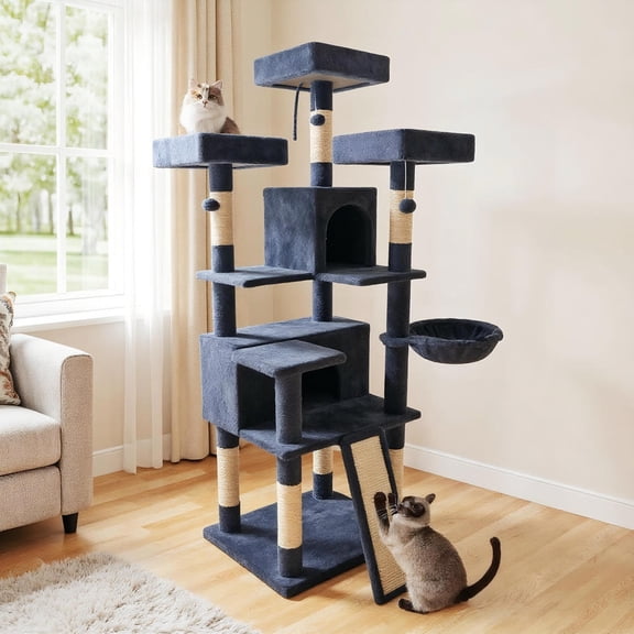 Yardi Yarda 65" Multi-level Tree w/3 Upholstered Perch & 2 Condos, Corner Cat Tree, Cat Climbing Tower, Cat Towers for Indoor Cats-Dark Gray