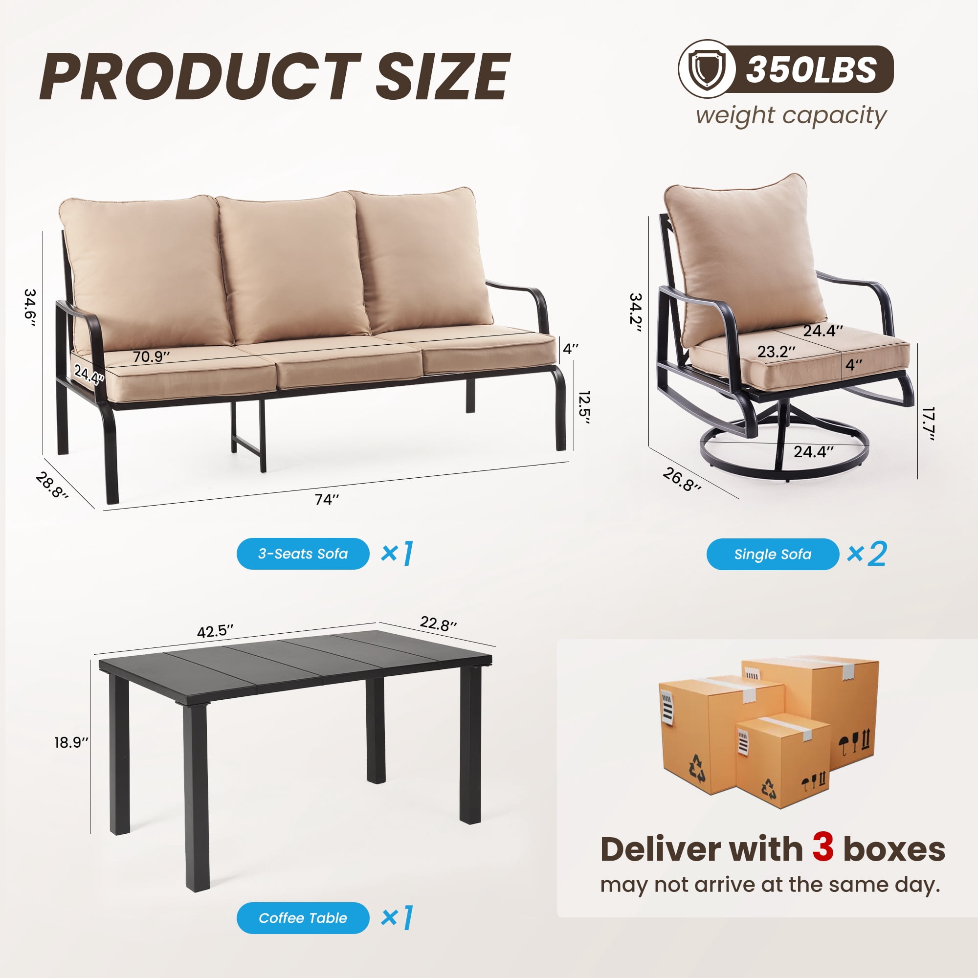 MAYEERTY 4-Piece Metal Frame Outdoor Patio Set with Swivel Chairs, Three-Seater Sofa, and Coffee Table