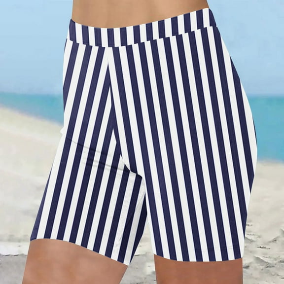 HaoXianJian Long Swim Board Shorts Stripe Print High Waisted Quickly Dry Beach Swimming Shorts for Women Summer Shorts