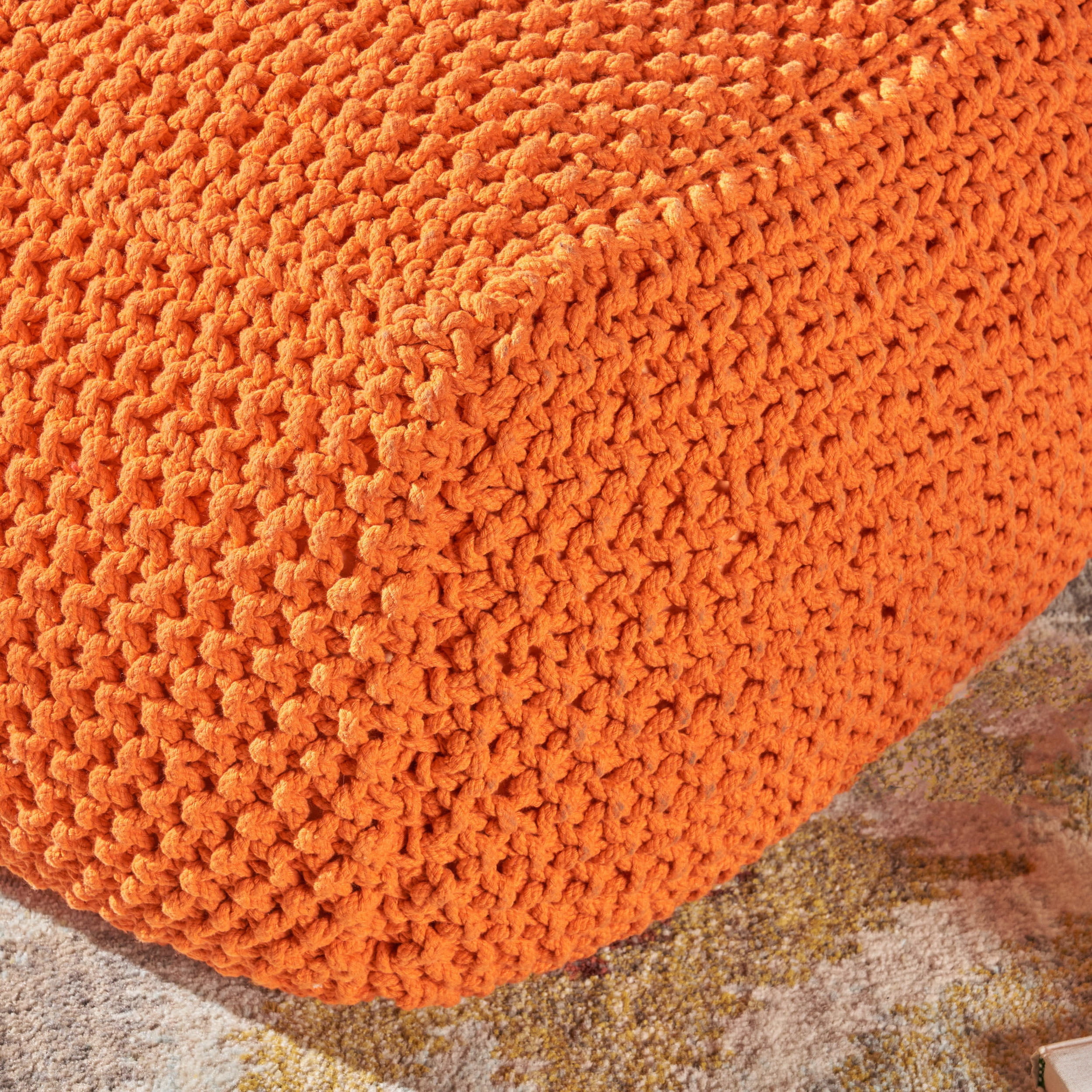 Noble House Knitted Cotton Square Pouf, Orange