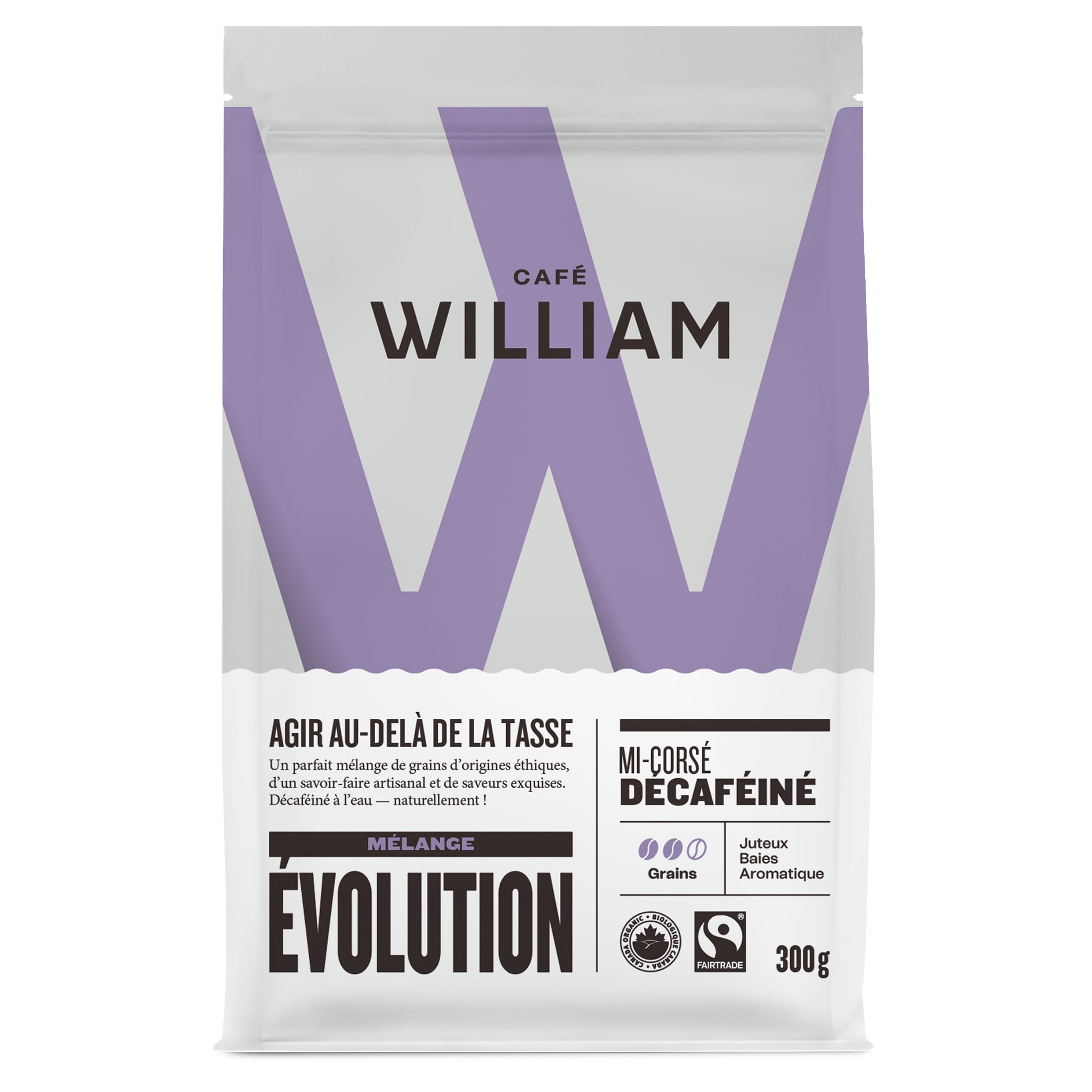 Café William Coffee Organic Fair-Trade EVOLVE Decaf Medium Roast Whole Bean Blend 300 G, ORG FT WHBN DECAF 300G