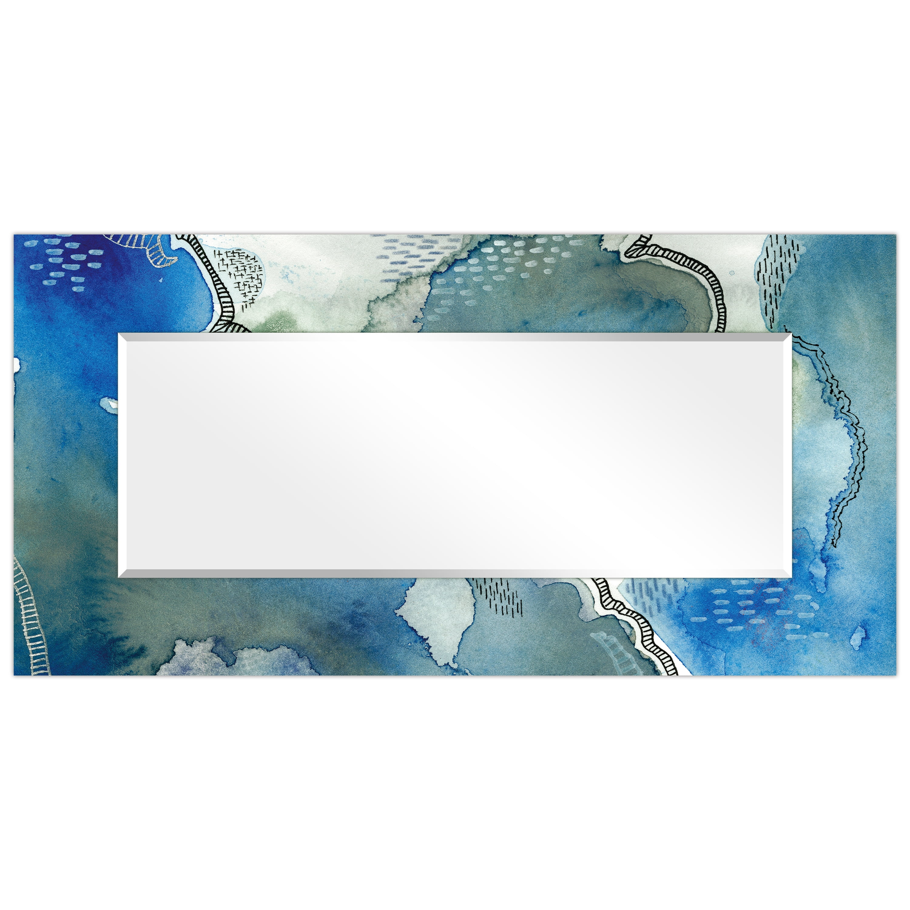 Empire Art Direct "Subtle Blue"Abstract Rectangular Beveled Wall Mirror on Free Floating Tempered Glass - Multi 72 x 36 Blue, Ivory