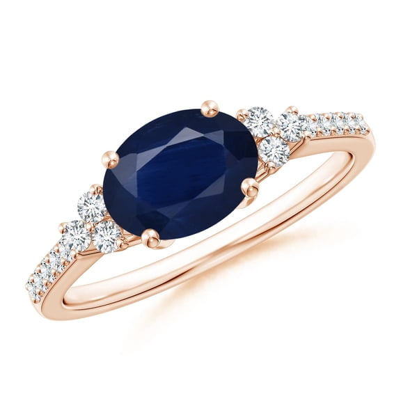 ANGARA Natural 1.55 Ct Sapphire Ring with Trio Diamond Accents in 14K Rose Gold for Women (Size-8x6mm) | September Birthstone, Anniversary, Jewelry Gift for Women | Natural Sapphire Ring